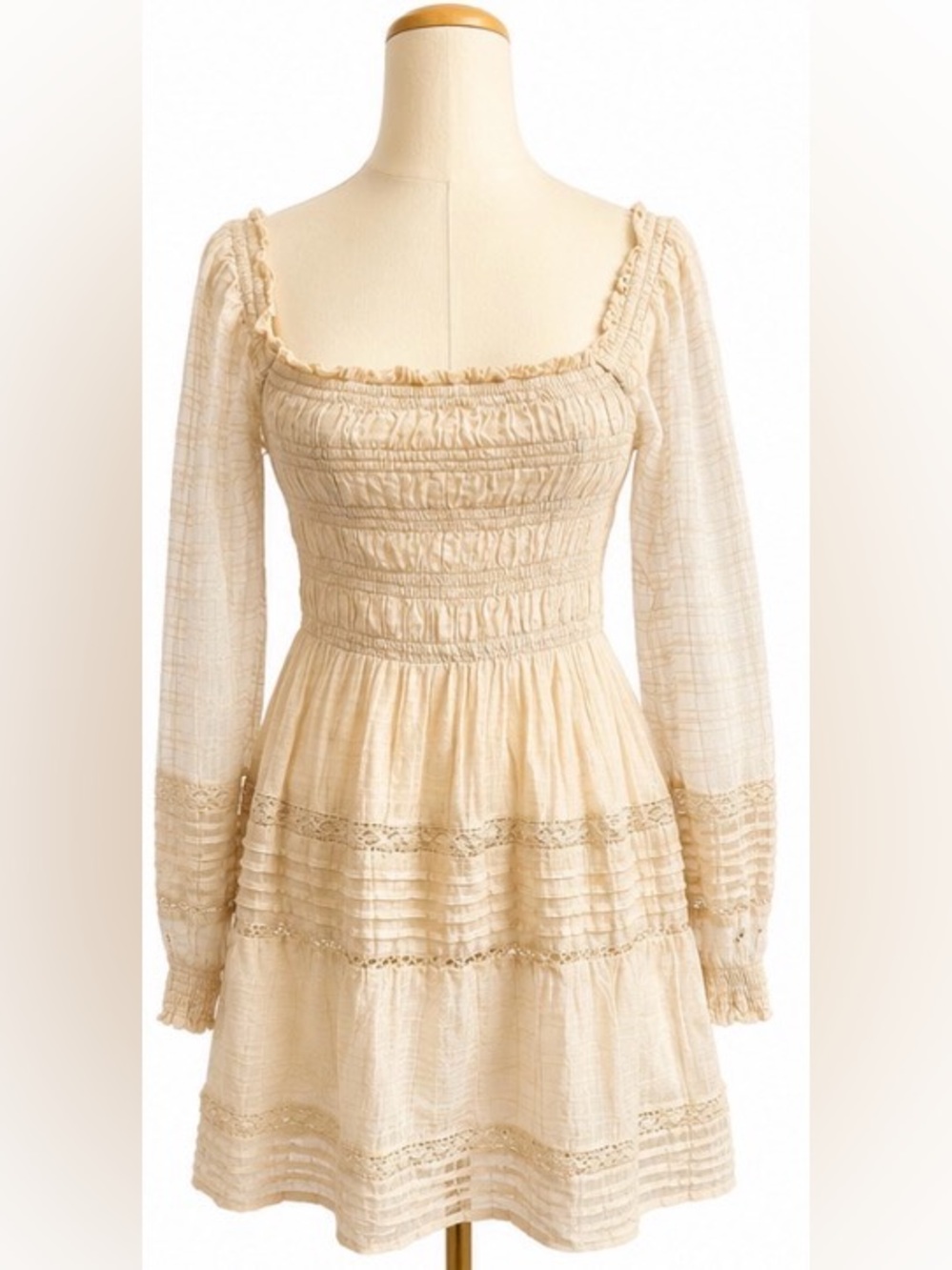 American Eagle Cream Smocked Mini Dress Size Medium Cottagecore Boho 100% Cotton